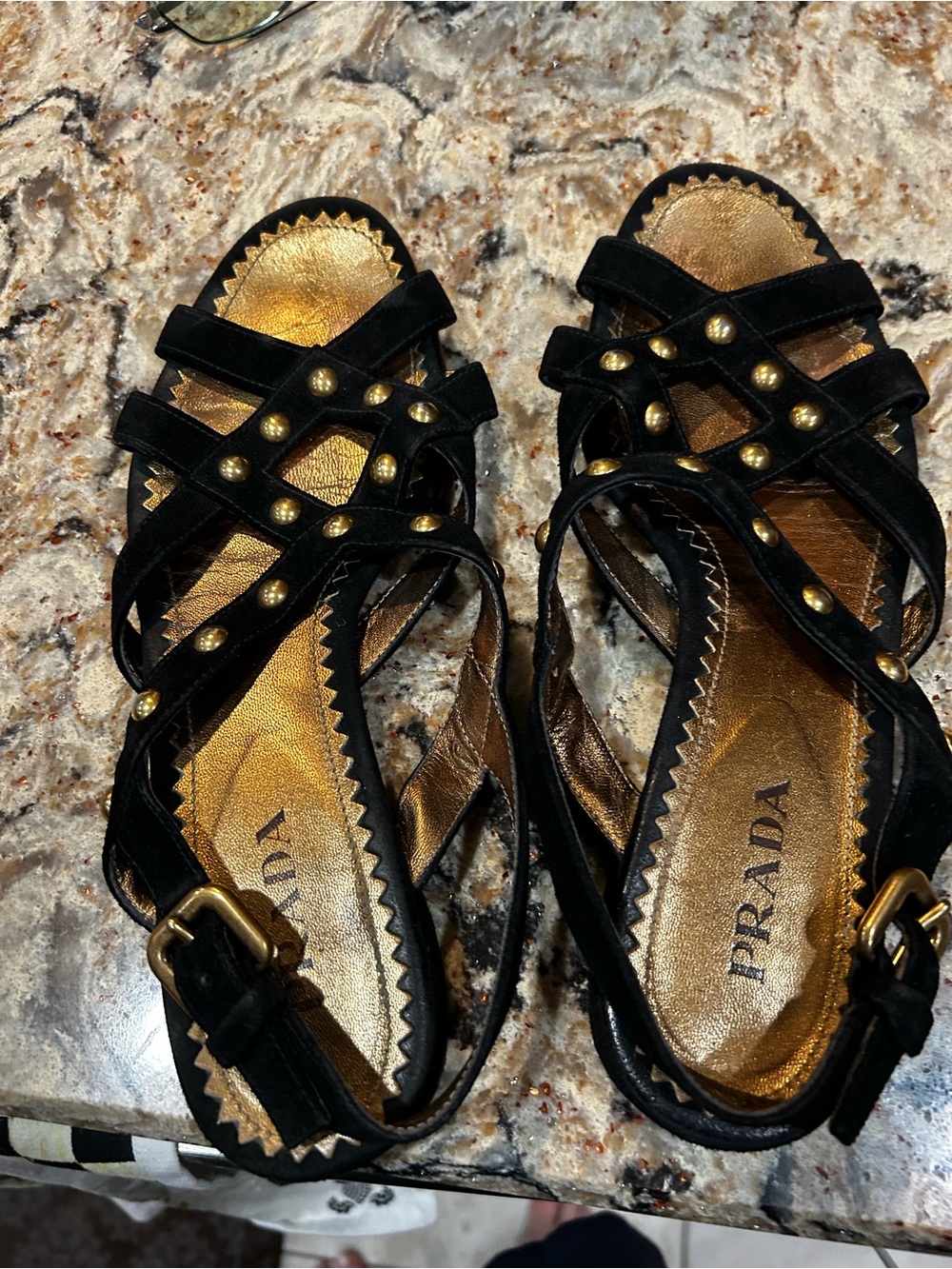 Prada Black Strappy Sandals with Gold Studs
